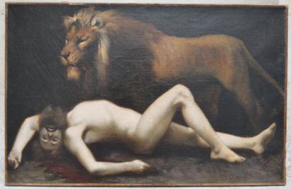 null Ecole FRANCAISE du XIX ème, lion dévorant un homme, huile sur toile. 60 x 92...