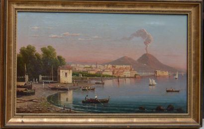 null Ecole NAPOLITAINE du XIX ème, vue de la Baie de Naples, huile sur toile. 35...
