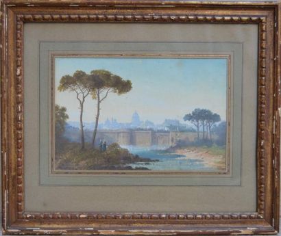 null Ecole FRANCAISE du XIX ème, vue des fortifications à Rome, aquarelle. 14 x 21...
