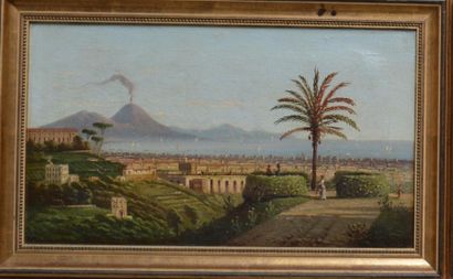 null Ecole NAPOLITAINE du XIX ème, vue de la Baie de Naples du Pausilippe, huile...