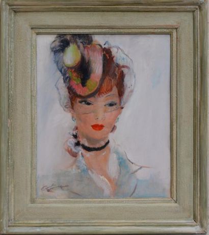 null Jean-Gabriel DOMERGUE (1889-1962), Elégante au chapeau, huile sur carton signée....