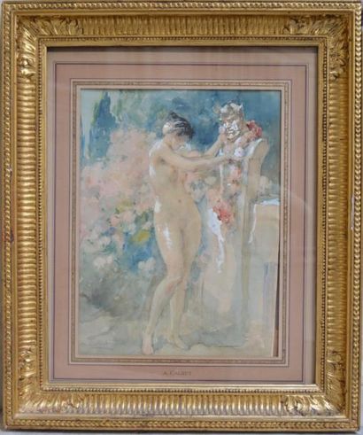 null Antoine CALBET (1860-1944), Femme nue et satyre en buste, crayon et aquarelle,...