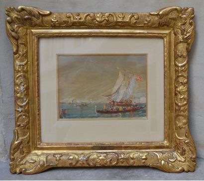 null Félix ZIEM (1821-1911), Voilier et gondoles à Venise, aquarelle signée. 17 x...