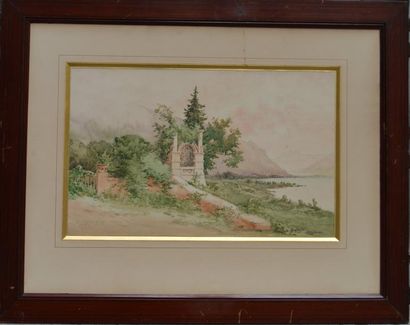 null Ernest LESSIEUX (1848-1925), Kiosque de la Villa sur le Lac Léman, aquarelle...