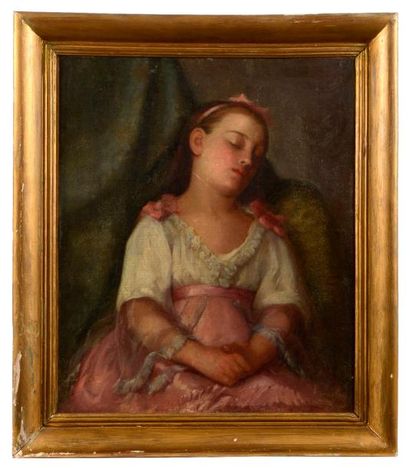 null Ecole ITALIENNE du XIX ème, fillette endormie, huile sur toile. 64 x 53 cm....