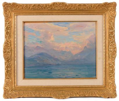 null Georges RICARD-CORDINGLEY (1873-1939), lac de montagne, huile sur papier marouflé...