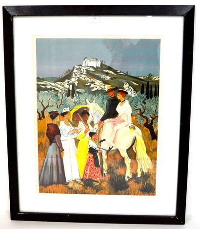 null D'après Yves BRAYER, Couple à cheval, lithographie non signée. 63 x 49 cm.
