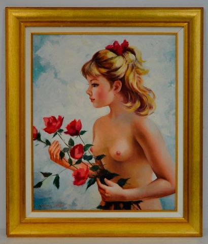 null Vladimir PETROV (XX-XXI ème), jeune fille aux roses, huile sur toile signée....