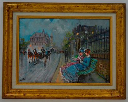 null Dominique TORTES (né en 1938), Parisiennes sur un banc, huile sur toile signée....