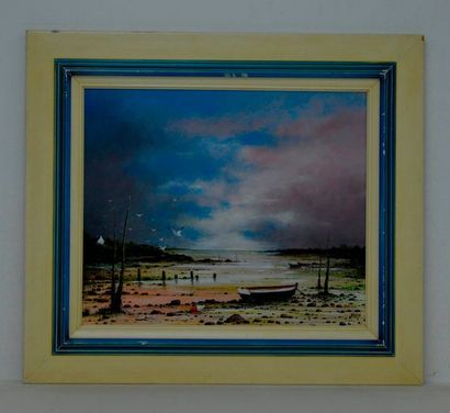 null P. PREUX (XX-XXIème), barque sur la grève, huile sur toile signée. 46 x 55 ...