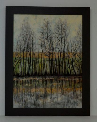 null HOUANE (XX-XXIème), arbres et reflet, huile sur toile signée. 73 x 54 cm.