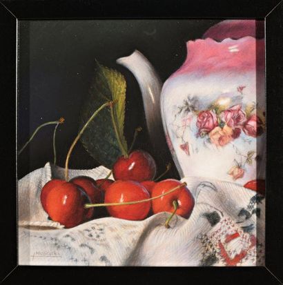null Jerzy MOSCICKI (XX-XXI ème), Cerises, pastel. 22 x 22 cm.