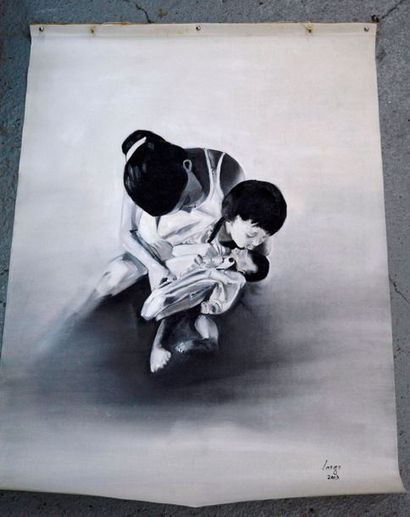 null LANGE (XX-XXI ème), Mère, enfant et bébé, acrylique sur toile signée, sans châssis....