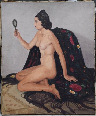 null Eugénie CLARAC (XX ème), femme nue au miroir, huile sur toile. 65 x 55 cm.