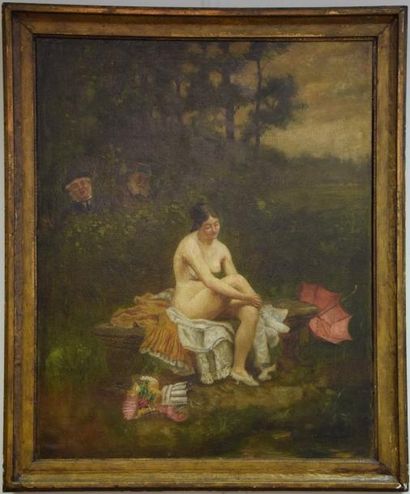 null POOLE (XIX-XX ème), Bain sous surveillance, huile sur toile. 88 x 70 cm.
