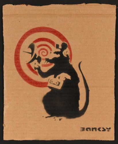 null BANKSY (d'après), le rat, pochoir sur carton, signé. 30 x 25 cm. Encadré.