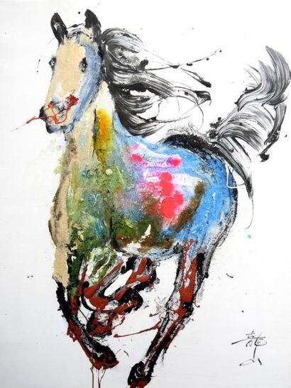 QUNCE ZENG (né en 1969 QUNCE ZENG (né en 1969), cheval au galop sur fond blanc, acrylique...
