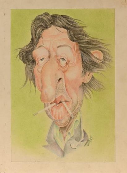 null Bob PATER (XXème), caricature de Gainsbourg, 1982, crayon de couleur, signé...