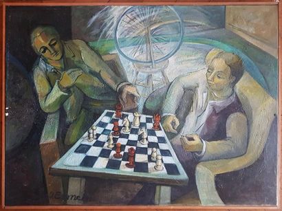 null Jeanne ESMEIN, la partie d'échecs, 1984, toile . 72 x 100 cm.