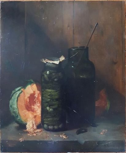 null Philippe ROUSSEAU (1816-1887), nature morte aux melons et aux cornichons, 1883,...