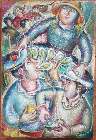 null Joseph LANDRY (XX ème), le diner d'huîtres, 1989, toile. 72 x 50 cm.