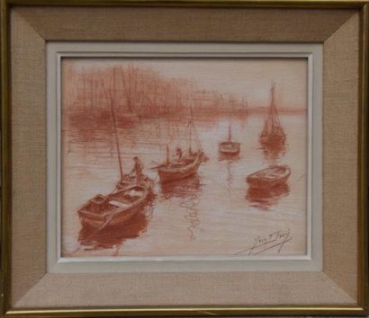 null Yves DIEY (1892-1984), Retour de pêche, sanguine, signée. 22 x 27 cm.
