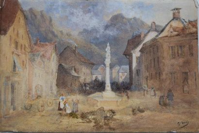 null Ecole FRANCAISE du XIX ème, Place de Village, aquarelle signée Doré. 35 x 52...