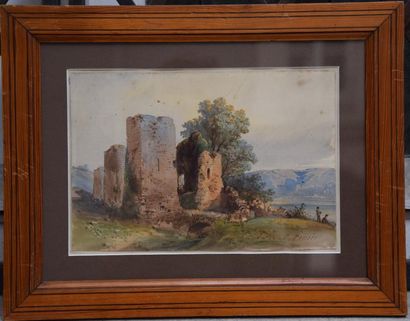 null Charles PENSÉE (1799-1871), Ruines dans un paysage de montagne animé, aquarelle...