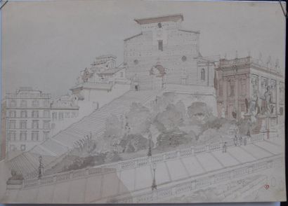 null Ecole FRANCAISE du XIX ème, basilique Santa Maria in Aracoeli de Rome, crayon...