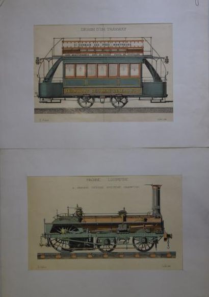 null E. AUBERT (XIX ème), Tramway, Locomotive, deux aquarelles signées et datées...