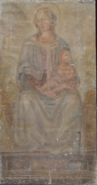 null Ecole ITALIENNE, Vierge à l'Enfant, fragment de fresque déposée sur toile. 137...
