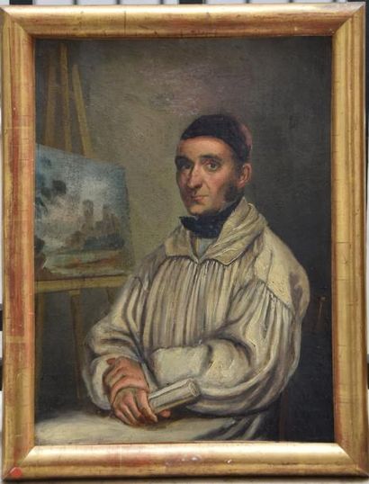 null Ecole FRANCAISE début XIX ème, portrait d'un peintre devant son chevalet, huile...