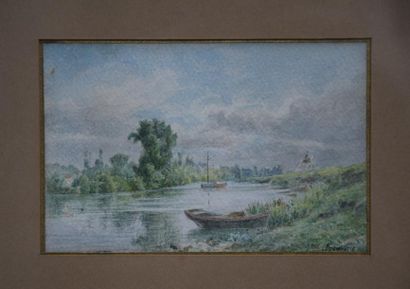 null Charles BEAUVERIE (1839-1924), barque au bord d'une rivière, aquarelle signée....