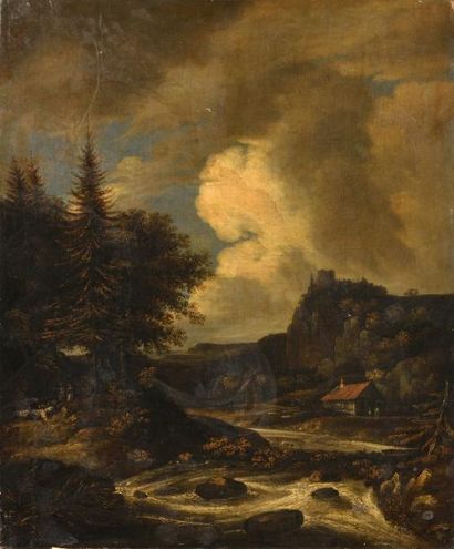 null Ecole FRANCAISE du XIX ème, d'après Van Ruysdael, Paysage au torrent, huile...