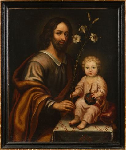 null Ecole ESPAGNOLE du XIXème siècle, Saint Joseph et l’enfant Jesus, Toile. 73...