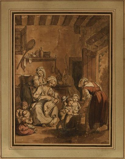 null Philippe Louis PARIZEAU (Paris 1740-1801), Scène familiale, plume et encre brune,...