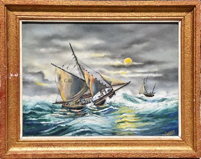 null J. CORRIER (XXème), Bateau dans la tempête, peinture sur plaque métallique....