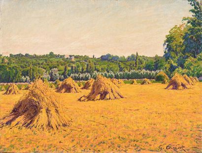 null Gustave CARIOT (1872-1950), Paysage aux bottes de blé devant la forêt, circa...
