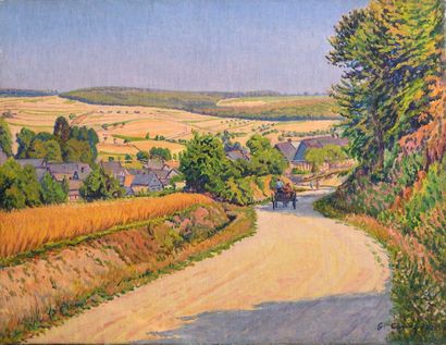 null Gustave CARIOT (1872-1950), Charrette sur le chemin fleuri, 1929, huile sur...