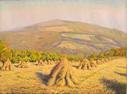 null Gustave CARIOT (1872-1950), Paysage aux bottes de blé devant la montagne, 1925,...