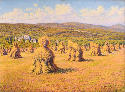 null Gustave CARIOT (1872-1950), Paysage aux bottes de blé devant le château de Georgenborn,...