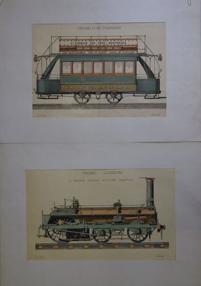null E. AUBERT (XIX ème), Tramway, Locomotive, deux aquarelles signées et datées...