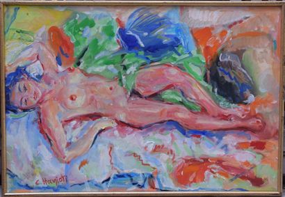 null Elisa HANIOTI (née en 1940), Nu couché, 1977, huile sur toile signée. 50 x 73...