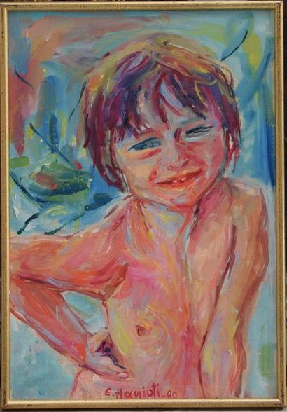 null Elisa HANIOTI (née en 1940), L'Enfant, 1980, huile sur toile signée. 54 x 37...