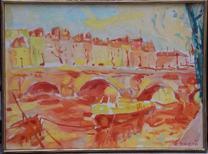 null Elisa HANIOTI (née en 1940), Pont de Paris, 1973, huile sur toile signée. 53...