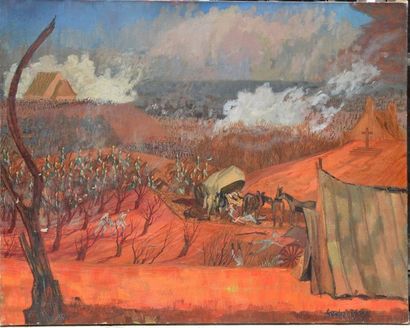 null André TREVES (1904-1973), scène de Bataille, huile sur toile signée. 73 x 92...