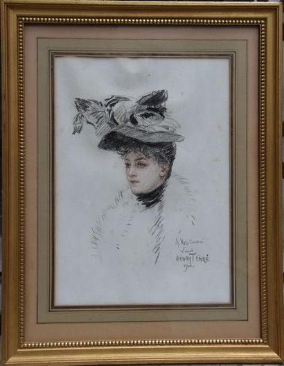 null Henry TENRÉ (1864-1926), femme au chapeau, fusain et sanguine, signée et datée...