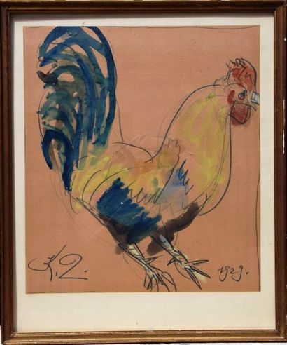 null Ecole MODERNE, Coq, crayon et aquarelle, monogrammé K.L. et daté 1929. 56 x...