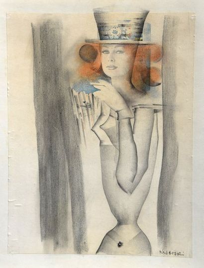 null Jerzy KUJAWSKI (1921-1998), femme à la cigarette, dessin aux crayons, aérographe,...