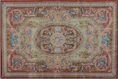 null Important tapis de style savonnerie dans le goût du XVIII à rubans fleuris à...